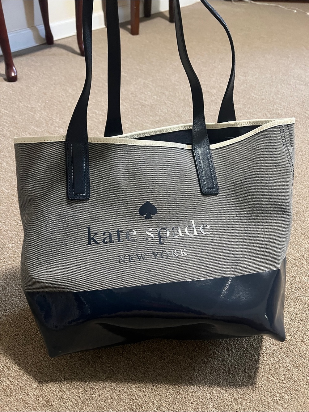 kate spade Canvas Tote with Navy Patent Base and Cream Trim